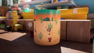 The Plucky Squire screenshot showing characters in the real world in action on the side of a mug