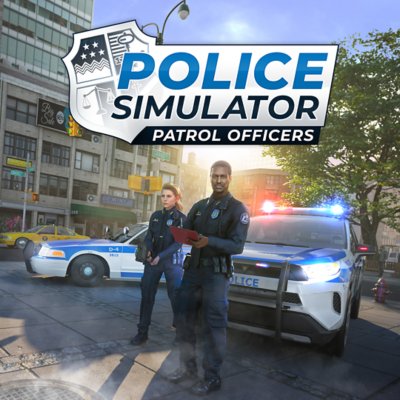 Police Simulator: Patrol Officers key art showing two police officers standing at a crime scene.