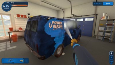 Screenshot aus PowerWash Simulator, auf dem ein Van saubergemacht wird