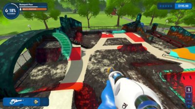 《PowerWash Simulator》螢幕截圖，顯示骯髒的滑板公園