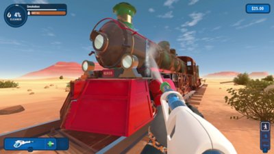 PowerWash Simulator screenshot showing a steam engine being cleaned