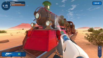 Captura de ecrã de PowerWash Simulator que mostra uma locomotiva a vapor a ser limpa