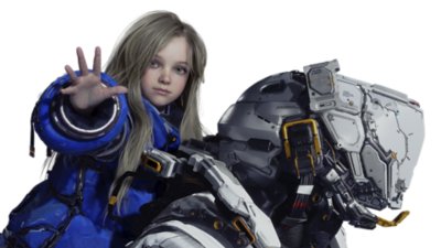 A Pragmata fő grafikája, amely Diana Hugh hátára kapaszkodik