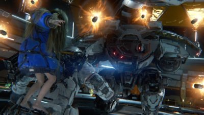 A Pragmata képernyőképe egy hatalmas mechanikus ellenséggel történő összecsapásról