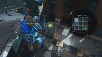 A Pragmata képernyőképe, amelyen Hugh egy ellenséges robotra nyit tüzet siklás közben