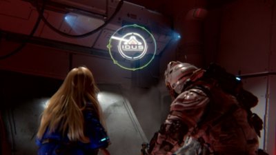 A Pragmata képernyőképe, amelyen Hugh és Diana egy kivetített „I.D.U.S.” feliratot néz