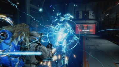 A Pragmata képernyőképe, melyen Hugh és Diana egy robot ellen harcol