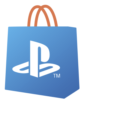 Grafik som visar en shoppingpåse med PS-logotypen bredvid en ikon som symboliserar ”ladda ner”