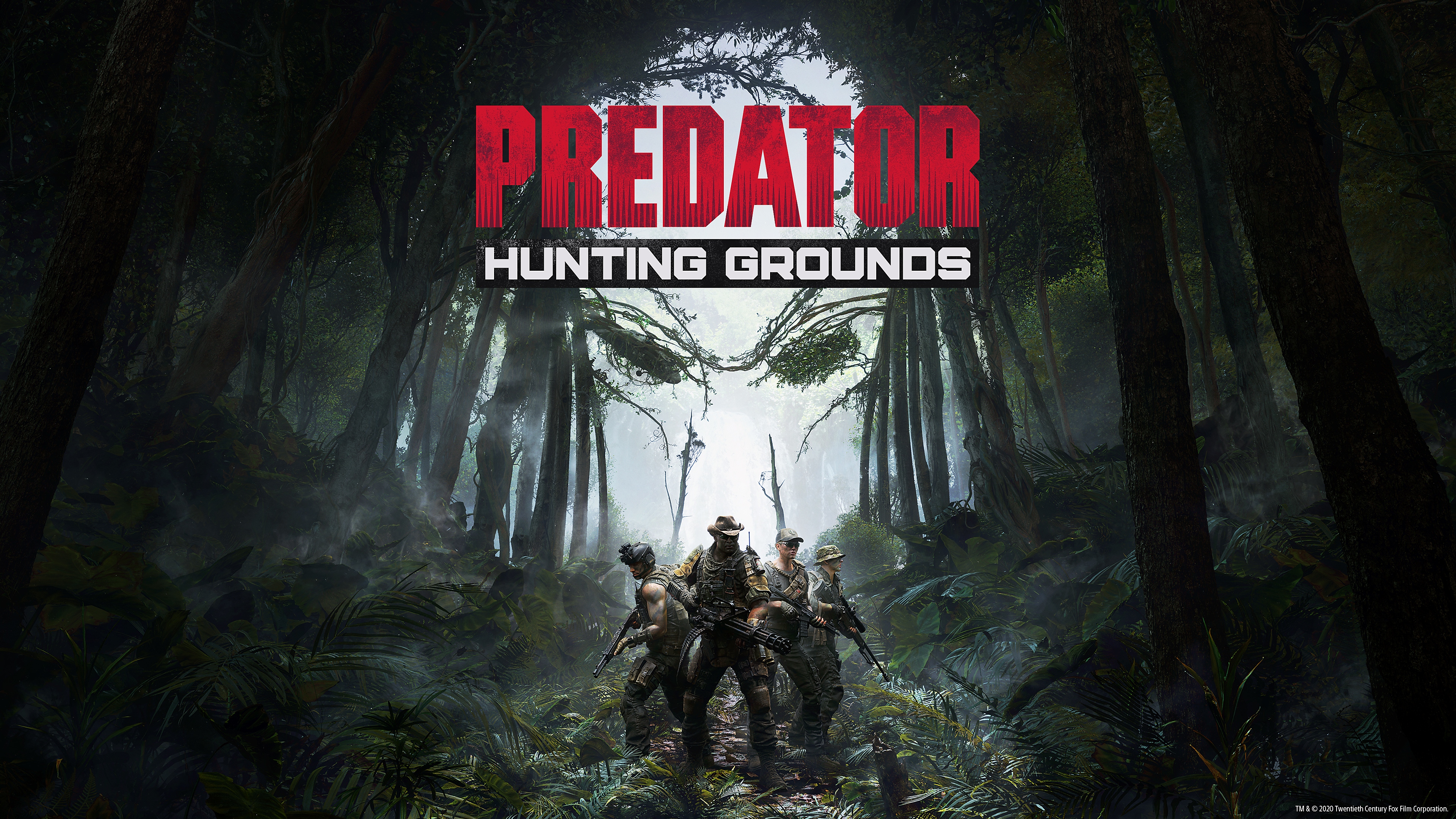 Predator: Hunting Grounds - equipe de soldados de pé em uma clareira na floresta diante de árvores que formam a silhueta do Predador
