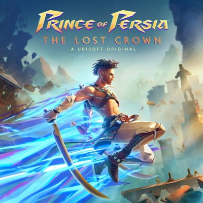Prince of Persia: The Lost Crown -pelin kaupan kuvitus, jossa prinssi hyppää ilman halki käsissään kaksi miekkaa