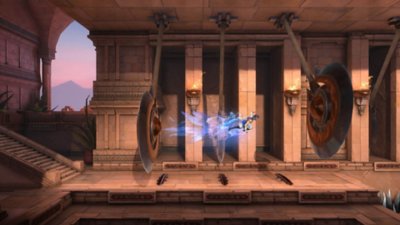 Captura de pantalla de Prince of Persia The Lost Crown que muestra a Sargón utilizando sus poderes temporales para esquivar cuchillas que se balancean.
