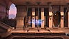 《波斯王子：失落王冠》螢幕截圖，呈現薩爾貢使用時間能力避開揮舞的刀刃。