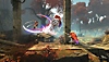 Prince of Persia The Lost Crown screenshot showing Sargon battling two spear-wielding Forest Warriors.