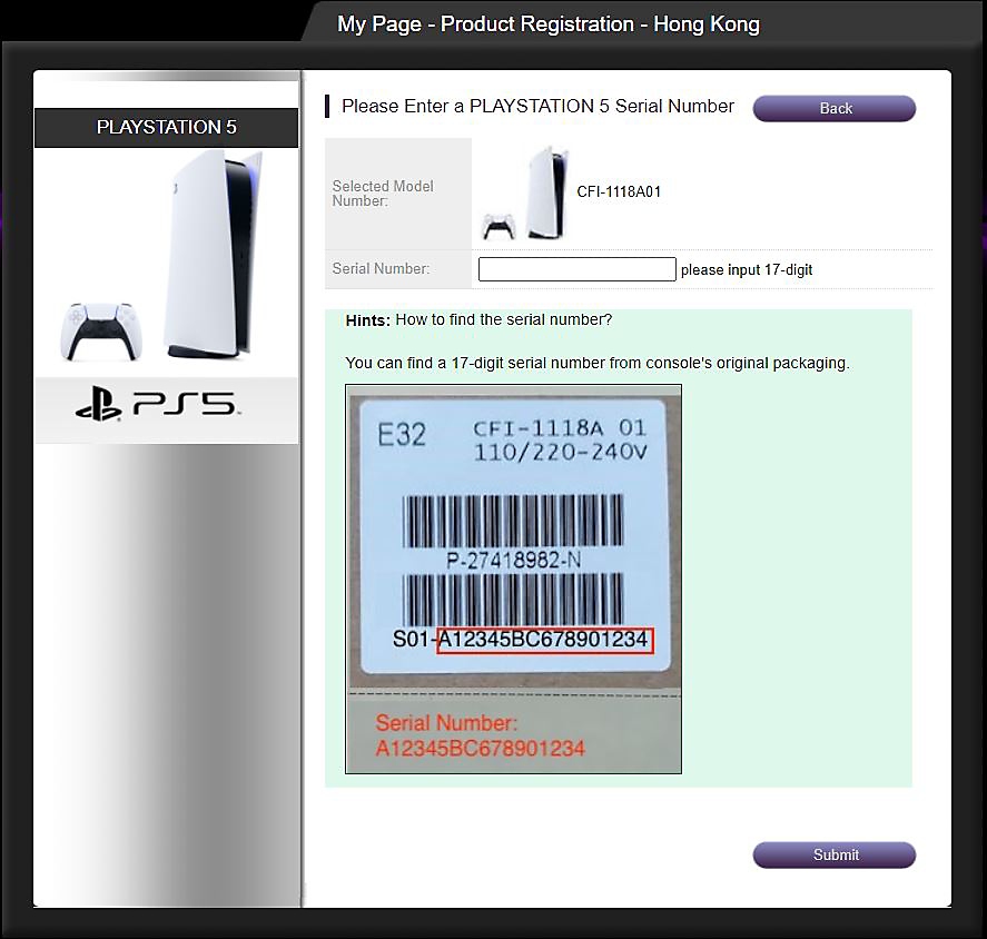 Please Select a playstation5 serial number