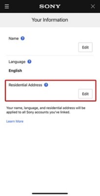 Screen showing the Your Information section of Account Management on PS App with a border around the "Edit" button on the right of Residential Address.