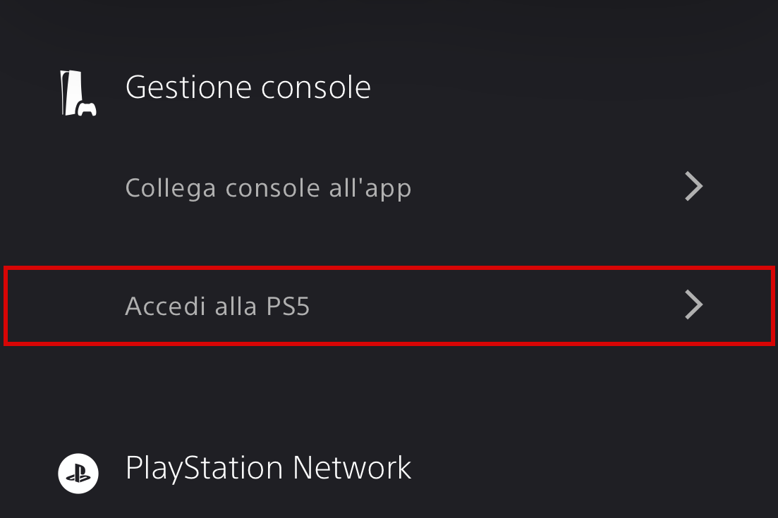Accesso a PS5 da PS app