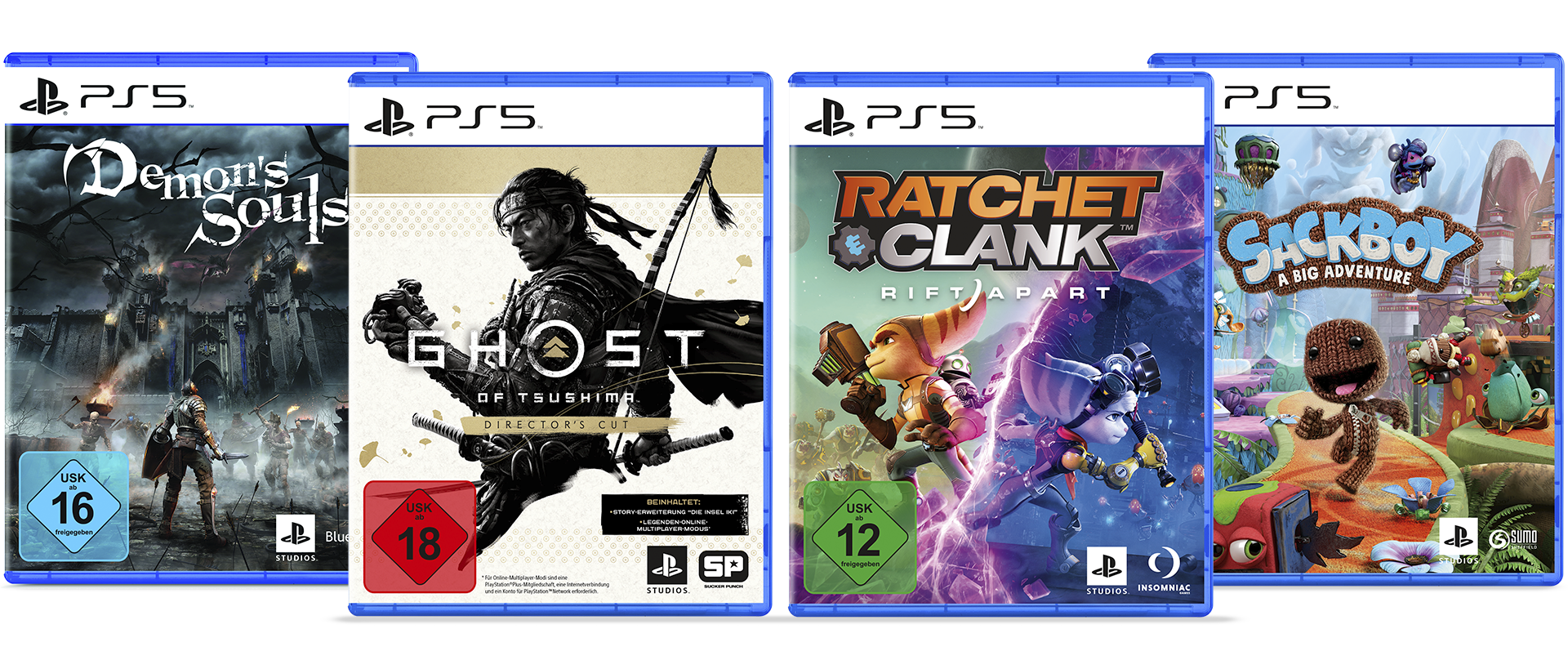 Image lock-up of Ghost of Tsushima Director's Cut, Demon's Souls, Sackboy: A Big Adventure and Ratchet & Clank: Rift Apart