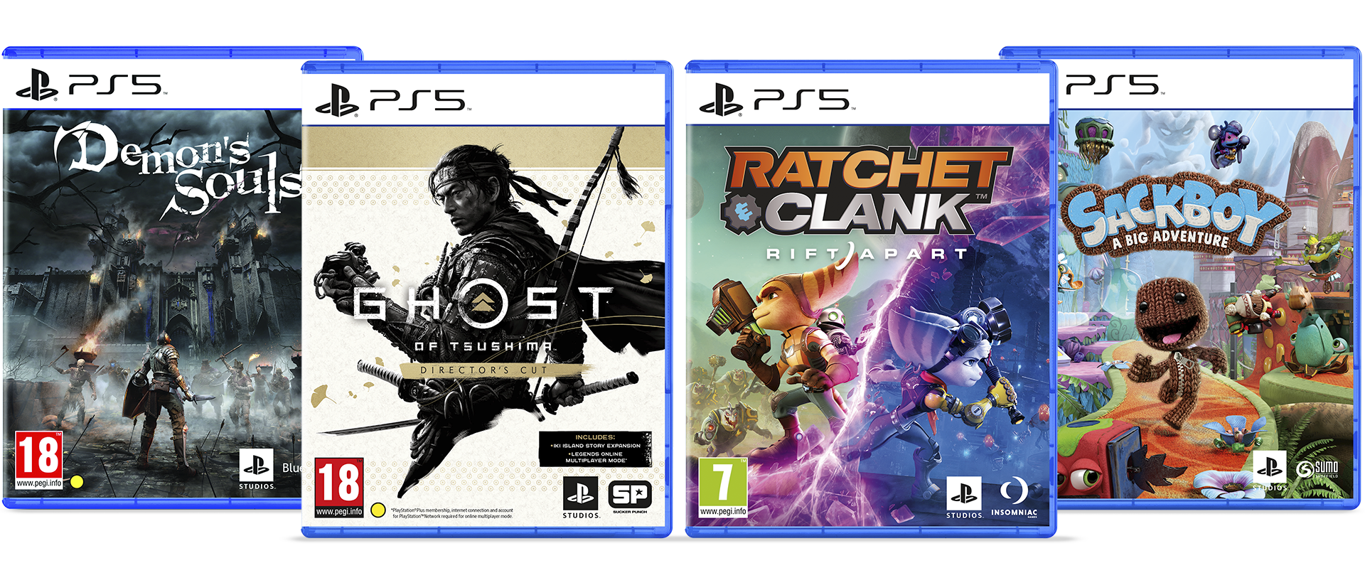 Image lock-up of Ghost of Tsushima Director's Cut, Demon's Souls, Sackboy: A Big Adventure and Ratchet & Clank: Rift Apart