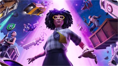 Ilustración principal de Fortnite con la silueta de un personaje femenino sobre un fondo púrpura brillante.