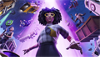 Key-Art von Fortnite mit einem weiblichen Charakter, der vor einem hellen, lila Hintergrund steht.