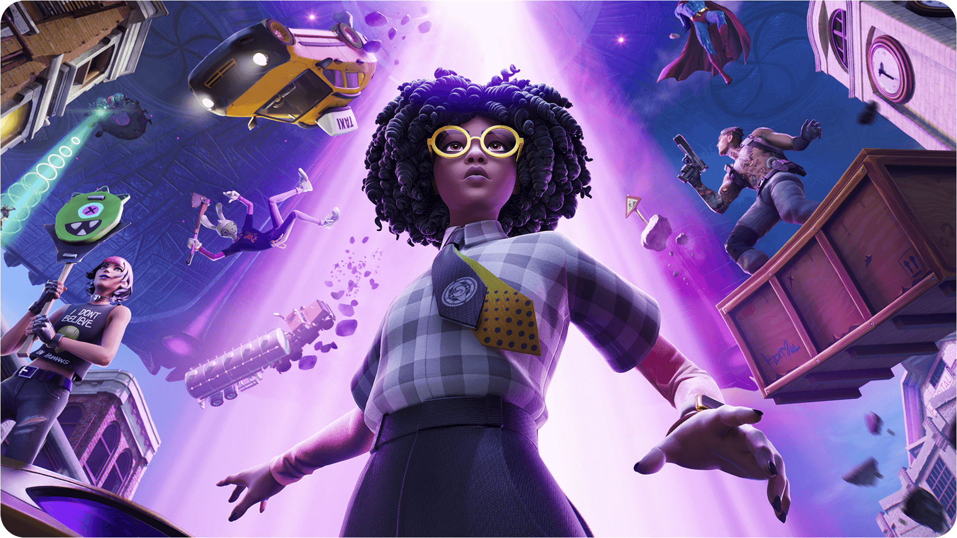Fortnite key art featuring a female character silhouetted against a bright purple background.
