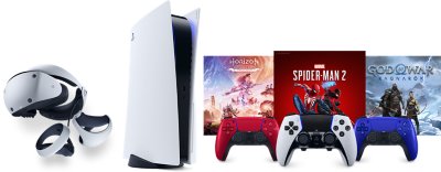 Hero image featuring PlayStation VR 2 headset and Sense controller, PS5 console, three Dualsense controllers in varying colours, and key art from Horizon Forbidden West, Marvel's Spider-Man 2and God of War Ragnarok.