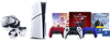 صورة بطل تتضمن قناع رأس PlayStation VR 2 ووحدة التحكم Sense، جهاز PS5، ثلاث وحدات تحكم Dualsense مختلفة الألوان، وصورة فنّية أساسية للعبة Horizon Forbidden West‏، Marvel's Spider-Man 2 و God of War Ragnarok.