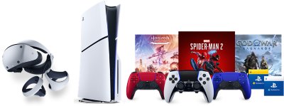 Hero image featuring PlayStation VR 2 headset and Sense controller, PS5 console, three Dualsense controllers in varying colours, and key art from Horizon Forbidden West, Marvel's Spider-Man 2and God of War Ragnarok.