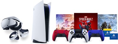 Hero image featuring PlayStation VR 2 headset and Sense controller, PS5 console, three Dualsense controllers in varying colours, and key art from Horizon Forbidden West, Marvel's Spider-Man 2and God of War Ragnarok.