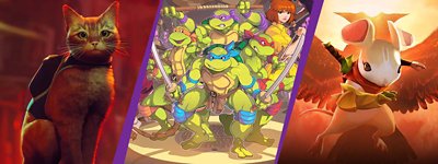 PS Indies banner image featuring, left to right, key art for Stray, Teenage Mutant Ninja Turtles: Shredder's Revenge and Moss: Book II