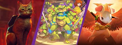 左から右に、『Stray』『Teenage Mutant Ninja Turtles:Shredder's Revenge』『Moss:Book II』を特集したPSインディーズのバナー画像