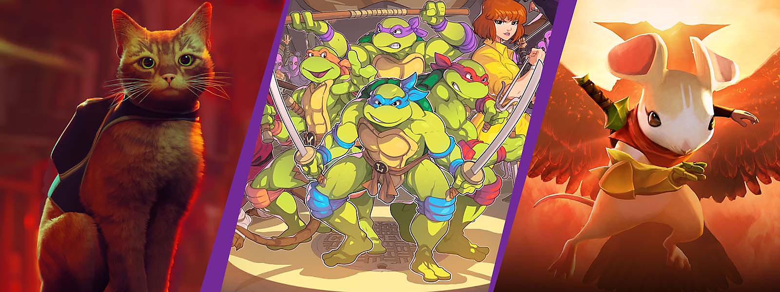 Soldan sağa, Stray, Teenage Mutant Ninja Turtles: Shredder's Revenge ve Moss: Book II için PS Bağımsız Oyunlar görseli