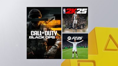 PlayStation Plus key art motif in grey and yellow and some various games