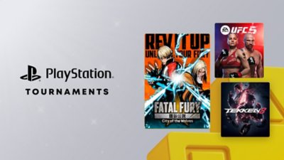 PlayStation Plus key art motif in grey and yellow and showing several games