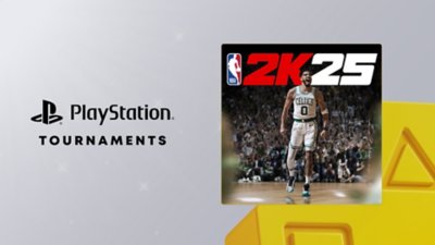 PlayStation Plus key art motif in gray and yellow and showing several games
