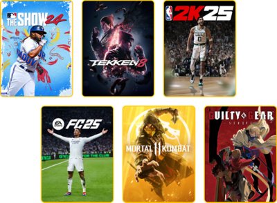 PlayStation Plus锦标赛图像，展示《EA Sports FC 25》和《College Football 25》等多款游戏作品。