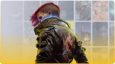ps plus promotional imagery featuring key art from cyberpunk 2077