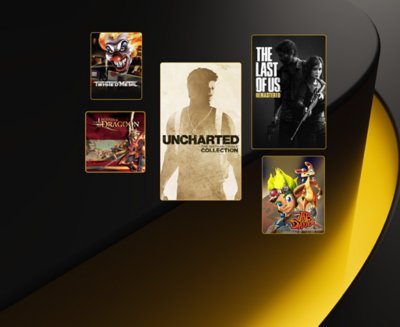 Artwork mit PS Plus-Branding mit Key-Art von Twisted Metal, Gravity Rush Remastered, BioShock Remastered, Uncharted: The Nathan Drake Collection und Jak and Daxter: The Precursor Legacy.