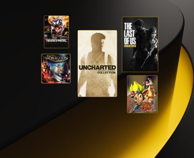 PS Plus branded artwork featuring key art from Twisted Metal, Gravity Rush Remastered, Bioshock Remastered, Uncharted: The Nathan Drake Collection and Jak and Daxter: The Precursor Legacy.