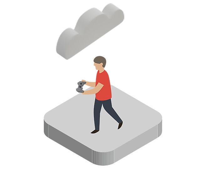 Illustration d'un joueur utilisant une manette sous un nuage représentant le cloud PS Plus