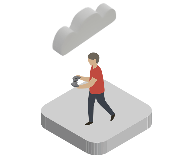 Ilustrace osoby s herním ovladačem stojící pod mrakem