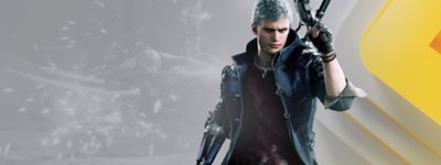 PlayStation Plus branded Devil May Cry 5 promotional image featuring playable character Nero.