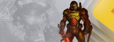 PlayStation Plus 브랜드 DOOM 프로모션 이미지, 'Doom Slayer' 캐릭터 등장.