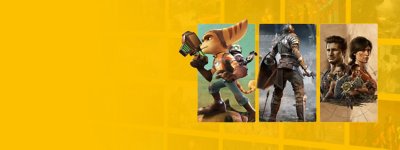 Imagine cu brandul PlayStation Plus cu imagini cheie din Ratchet and Clank Rift Apart, Demon's Souls și Uncharted: Legacy of Thieves Collection.
