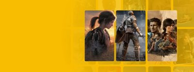 PlayStation Plus - Bannière mettant en scène l'illustration principale de The Last of Us Part I, Demon's Souls et Uncharted: Legacy of Thieves Collection.