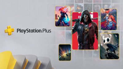 PlayStation Plus Extran kätketyt helmet – promokuvitusta peleistä Dead Cells, Outer Wilds, Ghostrunner, Celeste ja Hollow Knight.