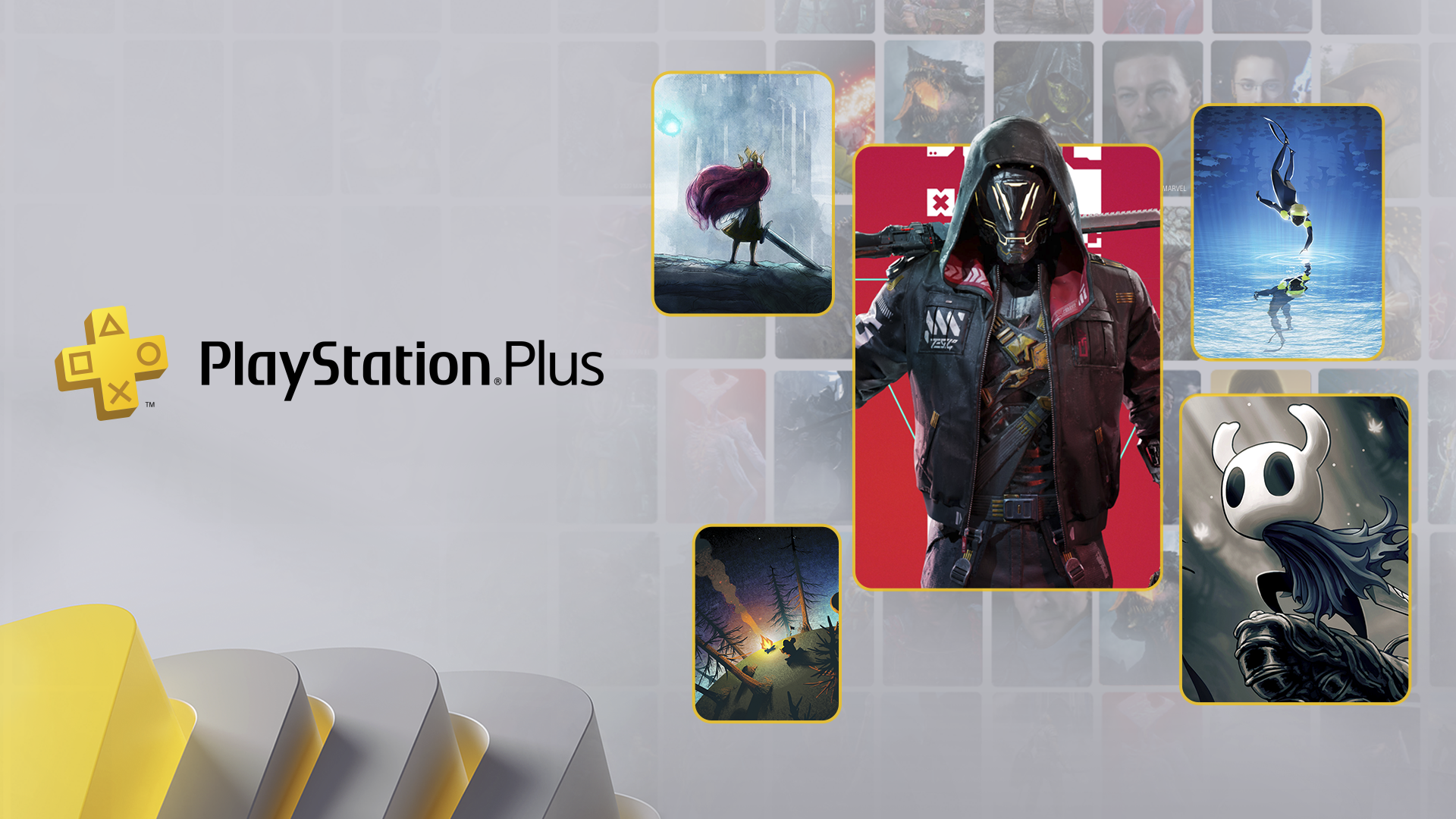 PlayStation Plus升級方案隱藏佳作宣傳美術設計，展示《Dead Cells》、《Outer Wilds》、《Ghostrunner》、《Celeste》和《Hollow Knight》的主要美術設計。