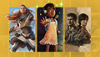 Artwork mit PS Plus-Logo inklusive Key-Art aus Horizon Forbidden West, Tchia und Uncharted: Legacy of Thieves Collection