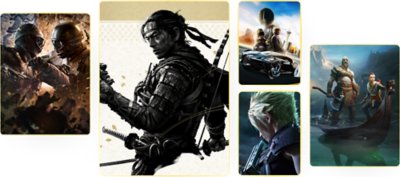 Page des jeux PlayStation Plus - Illustration principale montrant une sélection de jeux disponibles via le service, dont God of War et Ghost of Tsushima.