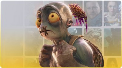 عمل فني لعلامة PS Plus التجارية تظهر بها صورة فنية أساسية للعبة Oddworld: Soulstorm.